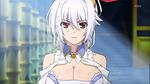  1girl animated animated_gif bare_shoulders bouncing_breasts breasts cleavage cleavage_cutout dress eleonora_viltaria large_breasts madan_no_ou_to_vanadis red_eyes silver_hair smile solo 