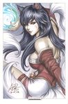  ahri animal_ears bad_deviantart_id bad_id breasts fox_ears fox_tail korean_clothes large_breasts league_of_legends long_hair multiple_tails solo stanley_lau tail traditional_media yellow_eyes 