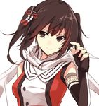  &gt;:) aosaki_yukina black_eyes black_gloves black_hair breasts elbow_gloves fingerless_gloves gloves kantai_collection medium_breasts remodel_(kantai_collection) scarf sendai_(kantai_collection) short_hair sketch smile solo two_side_up upper_body v-shaped_eyebrows white_background white_scarf 