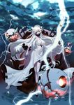  breasts covered_mouth dress floating_fortress_(kantai_collection) highres horns kantai_collection large_breasts lightning long_hair midway_hime pale_skin red_eyes saitou_mei_(meigetsu) shinkaisei-kan solo veins very_long_hair white_dress white_hair 