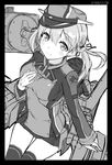  black_border blush border breasts cowboy_shot dated greyscale hand_on_own_chest hat kantai_collection long_hair looking_at_viewer low_twintails machinery medium_breasts microskirt monochrome nanahara_fuyuki peaked_cap prinz_eugen_(kantai_collection) sketch skirt solo thighhighs twintails white_background 