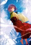  absurdres apt back barefoot blue_background book dutch_angle full_body hakama hieda_no_akyuu highres huge_filesize japanese_clothes long_skirt long_sleeves looking_at_viewer looking_back paper purple_hair red_eyes red_hakama ribbon scan shirt short_hair skirt smile solo touhou vest wading water wide_sleeves 