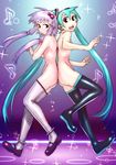  :d aqua_hair back-to-back boots brown_eyes eighth_note hatsune_miku highres long_hair looking_at_viewer mary_janes multiple_girls musical_note nude open_mouth purple_hair ribbed_legwear shoes short_hair_with_long_locks smile soon sparkle thigh_boots thighhighs twintails very_long_hair vocaloid voiceroid yuzuki_yukari 