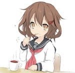  anchor brown_hair core_(mayomayo) cup dress eating food food_on_face hair_ornament hairclip ikazuchi_(kantai_collection) kantai_collection looking_at_viewer pocky school_uniform serafuku short_hair simple_background solo strawberry_pocky 