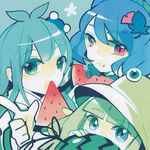  azuma_aya blonde_hair blue_eyes blue_hair eating food food_on_face frog_hair_ornament fruit green_background green_eyes green_hair hair_ornament hair_ribbon hair_tubes hat highres kochiya_sanae leaf leaf_on_head long_hair looking_at_viewer moriya_suwako multiple_girls open_mouth red_eyes ribbon rope scan short_hair simple_background smile snake_hair_ornament touhou watermelon yasaka_kanako 