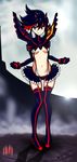  black_hair blue_eyes boots breasts full_body hairpods kill_la_kill matoi_ryuuko microskirt midriff multicolored_hair pigeon-toed red_hair revealing_clothes short_hair skirt small_breasts smile solo standing suspenders thigh_boots thighhighs two-tone_hair underboob wabaki 