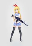  assault_rifle black_legwear blonde_hair blue_eyes blue_skirt finger_on_trigger full_body grey_background gun hair_ribbon high_heels holding holding_gun holding_weapon kirisaki_chitoge long_hair looking_at_viewer necktie nisekoi pleated_skirt red_ribbon ribbon rifle school_uniform serafuku shoes short_sleeves shouye_ying simple_background skirt solo standing thighhighs very_long_hair weapon weapon_request white_footwear zettai_ryouiki 