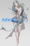  alternate_costume ashe_(league_of_legends) bow_(weapon) braid character_name eddy_huang_zheng fishnet_legwear fishnets garters hair_ornament highres league_of_legends long_hair side_braid silver_hair single_sleeve solo spaghetti_strap thighhighs weapon 