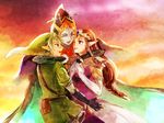  2girls blonde_hair blue_eyes brown_hair gloves hachimaru_(ediciusa) hat hood hug link long_hair midna midna_(true) multiple_girls one_eye_closed pointy_ears princess_zelda shoulder_pads smile spoilers the_legend_of_zelda the_legend_of_zelda:_twilight_princess tiara 