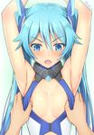 1girl :o aqua_background armor armpits arms_up assisted_exposure bangs bare_shoulders blue_eyes blush breasts cleavage_cutout colored_eyelashes flipped_hair gorget gradient gradient_background hair_between_eyes halterneck headgear kanden_suki leotard long_hair looking_down magical_girl navel_cutout neon_trim nipple_slip nipples open_mouth ore_twintail_ni_narimasu pov small_breasts solo_focus sweat tailblue turtleneck twintails twitter_username undressing upper_body v-shaped_eyebrows very_long_hair 