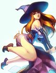  ankle_boots bangs bare_shoulders boots breasts brown_eyes brown_hair bustier detached_sleeves dragon's_crown hat impossible_clothes large_breasts lips long_hair nose pointy_boots robert_porter side_slit skirt solo sorceress_(dragon's_crown) staff striped swept_bangs vertical_stripes witch_hat 