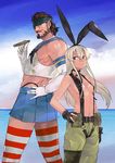  1girl back-to-back big_boss big_boss_(cosplay) breasts cigar cosplay costume_switch crossdressing ikuyoan kantai_collection metal_gear_(series) shimakaze_(kantai_collection) shimakaze_(kantai_collection)_(cosplay) shirtless small_breasts suspenders thighhighs throat_microphone 