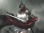  blonde_hair breasts cleavage dragon's_dogma gauntlets helmet homex horned_helmet large_breasts midriff pale_skin pawn_(dragon's_dogma) red_scarf scarf skirt solo sword weapon 