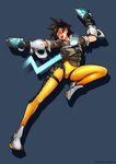  aiming black_gloves black_hair bodysuit breasts dual_wielding full_body gloves glowing goggles gun handgun holding jacket lace-up_legwear long_legs medium_breasts neocoill neon_trim open_mouth orange_bodysuit overwatch pistol shoes short_hair simple_background sleeves_pushed_up smile sneakers solo spiked_hair tracer_(overwatch) weapon 