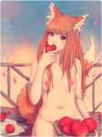  animal_ears apple breasts brown_hair eating food fruit holo long_hair medium_breasts navel nipples nude open_mouth red_eyes solo soranamae spice_and_wolf wolf_ears 