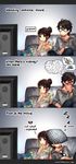  1girl 3koma :t annoyed artist_self-insert bag_of_chips black_eyes black_hair blush bottle bowl broken_heart brown_eyes brown_hair comic commentary couch couple eating english eyewear_removed food glasses highres hood hooded_sweater indoors kawacy leaning_back on_couch original pillow popcorn real_life_insert saliva sleeping sleeping_on_person sweat sweater triangle_mouth watching_television zzz 