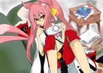  akamado animal_ears belt blazblue book candy capri_pants food glasses handheld_game_console highres kokonoe lollipop long_hair orange_eyes pants pink_hair playstation_portable red_pants slit_pupils solo tail tongue 