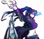  black_rock_shooter black_rock_shooter_(character) blue_eyes blue_hair burning_eye chain glowing glowing_eye jacket long_hair looking_back motion_blur outstretched_arm pointing scar shorts simple_background solo stitches tom_(drpow) twintails 