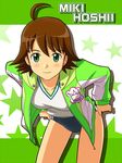  awakened_miki bent_over brown_hair buruma green_eyes gym_uniform hoshii_miki idolmaster idolmaster_(classic) jacket lielos short_hair 