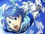  blue_eyes blue_hair blue_scarf cloud day falling foreshortening kaito male_focus open_mouth perspective scarf sky smile solo vocaloid 