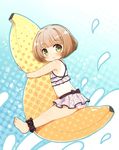  ankle_garter bad_id bad_pixiv_id banana_boat barefoot bikini blush brown_hair child from_side green_eyes hug kito_(sorahate) looking_at_viewer on_banana one-piece_tan original riding short_hair skirt smile solo swimsuit tan tanline 