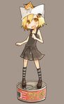  :d animal animal_on_head blonde_hair blush can cat cat_on_head copyright_request dennou_usagi happy hat kneehighs on_head open_mouth pillow_hat short_hair smile solo striped striped_legwear yellow_eyes 