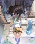  bag bare_legs barefoot bench brown_eyes brown_hair camisole dark_skin face feet food foreshortening from_above hands highres legs looking_up original pigeon-toed popsicle shop sitting skirt solo stregoicavar twintails 