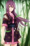  bad_id bad_pixiv_id bamboo bamboo_forest forest hair_ornament hairclip japanese_clothes katana long_hair nature original p_(zzaazz) purple_hair solo sword weapon yellow_eyes 