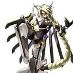  ahoge android armor blade blazblue blazblue:_continuum_shift blonde_hair bodysuit braid crotch_plate fighting_stance frown glowing glowing_eye hair_ornament hair_weapon katou_yuuki lambda-11 leg_up long_hair mask mecha_musume navel official_art red_eyes robot_ears single_braid single_eye solo standing standing_on_one_leg strapless_bottom sword thighhighs transparent_background very_long_hair visor weapon wings 