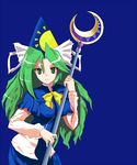  alphes_(style) bow breasts crescent green_eyes green_hair hat large_breasts long_hair mima parody ribbon simple_background smile solo staff style_parody sun_(symbol) touhou touhou_(pc-98) wizard_hat 