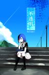  bad_id bad_pixiv_id black_legwear blue_hair cable cloud day green_eyes hand_on_own_cheek hand_on_own_face mozuku_doukoukai original short_hair sitting sitting_on_stairs sky socks solo stairs 