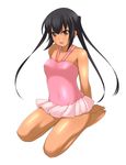  barefoot black_hair brown_eyes casual_one-piece_swimsuit fang hevn highres k-on! kneeling long_hair nakano_azusa one-piece_swimsuit pink_swimsuit sitting skirt solo swimsuit tan twintails wariza 