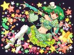  \m/ amano_(tsubakicome) bow cake candy food frills gathers green_hair hat heart lollipop macaron macross macross_frontier midriff mini_hat mini_top_hat nail_polish_bottle navel pastry pocky ranka_lee red_eyes short_hair smile solo star thighhighs top_hat 