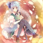  amazuki_jou bad_id bad_pixiv_id blue_eyes blush bow hair_bow katana konpaku_youmu konpaku_youmu_(ghost) open_mouth ribbon short_hair silver_hair sitting smile solo sword touhou weapon 