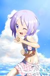  bikini bikini_skirt blue_eyes cloud day highres hiiragi_tsukasa lucky_star one_eye_closed open_mouth orange-pengin purple_hair short_hair solo splashing swimsuit water 