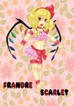  ankle_cuffs ankle_garter barefoot bikini bracelet character_name fang feet flandre_scarlet flat_chest garters hands highres jewelry outstretched_arms smile soles solo swimsuit takano_kiriko touhou wings wrist_cuffs 