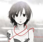  arm_tattoo bare_shoulders blurry blurry_background breast_tattoo breasts brown_hair cleavage closed_mouth doutoku_no_jukai_(vocaloid) entangled face flower fog hands_on_own_arms hima_(ab_gata) lips looking_at_viewer meiko monochrome nail_polish red_nails rose self_hug short_hair solo source_request spot_color stenciled_rose tattoo thorns upper_body vocaloid 