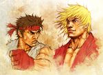  blonde_hair brown_hair clenched_hand dougi faux_traditional_media headband ken_masters male_focus manly multiple_boys muscle ryuu_(street_fighter) serious smile street_fighter tsunetarou_(yasu) 