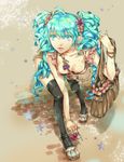  aqua_eyes aqua_hair bad_id bad_pixiv_id bag bra bracelet downblouse dr. flower hair_flower hair_ornament hatsune_miku jewelry key keychain leaning_forward legs lingerie lips long_hair necklace solo thighhighs underwear vocaloid 