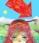  1girl arata_yokoyama blue_eyes cliff day directional_arrow frown hairband highres jpeg_artifacts long_hair mountain muscle original pink_hair sky sun very_long_hair 