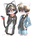  animal_ears blue_eyes brown_hair cat_ears edogawa_conan glasses happy male_focus meitantei_conan smile tail toujou_sakana 