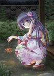  black_hair fireworks flower green_eyes hair_flower hair_ornament hiyori japanese_clothes kimono long_hair original sandals senkou_hanabi smile solo sparkler squatting veranda yukata 