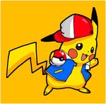  cosplay gen_1_pokemon hat holding holding_poke_ball no_humans pikachu pokachuu poke_ball pokemon pokemon_(anime) pokemon_(classic_anime) pokemon_(creature) satoshi_(pokemon) satoshi_(pokemon)_(cosplay) simple_background solo 