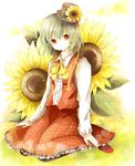  ascot bad_id bad_pixiv_id flower green_hair hat hat_flower head_tilt ichitaro kazami_yuuka mary_janes mini_hat mini_top_hat pantyhose plaid plaid_skirt plaid_vest red_eyes shoes short_hair sitting skirt skirt_set smile solo sunflower top_hat touhou vest wariza 