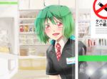  alternate_costume blush convenience_store employee_uniform familymart fang gen_(enji) green_hair macross macross_frontier name_tag necktie open_mouth plaid plaid_neckwear ranka_lee red_eyes shop short_hair smile solo uniform 