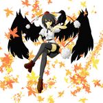  animal_on_arm bird bird_on_arm black_hair black_legwear black_wings crossed_legs crown floating geta hat leaf legs leon_(mikiri_hassha) light_smile looking_at_viewer maple_leaf red_eyes shameimaru_aya sitting smirk solo tengu-geta thighhighs touhou wings zettai_ryouiki 