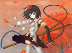  armpits bad_id bad_pixiv_id beads black_hair clearfile detached_sleeves fingerless_gloves gloves hat leaf looking_at_viewer pocket_watch prayer_beads red_eyes shameimaru_aya short_hair skirt skirt_flip solo thighhighs touhou tree watch weapon 