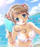  bikini blue_eyes blush bracelet breasts brown_hair cat_hair_ornament cleavage cloud day food hair_ornament hairclip hiyori jewelry large_breasts navel ocean open_mouth original popsicle solo swimsuit 