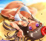  bikini breasts brown_hair cleavage dr_rex flower hibiscus large_breasts lens_flare long_hair lying original purple_eyes sand side-tie_bikini solo swimsuit thigh_gap 