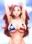  america american_flag_bikini armpits arms_up bikini breasts brown_eyes cleavage day drill_hair earrings flag_print heroman jewelry large_breasts lips long_hair micro_bikini navel outdoors red_hair skindentation solo string_bikini swimsuit ueyama_michirou underboob vera_collins 